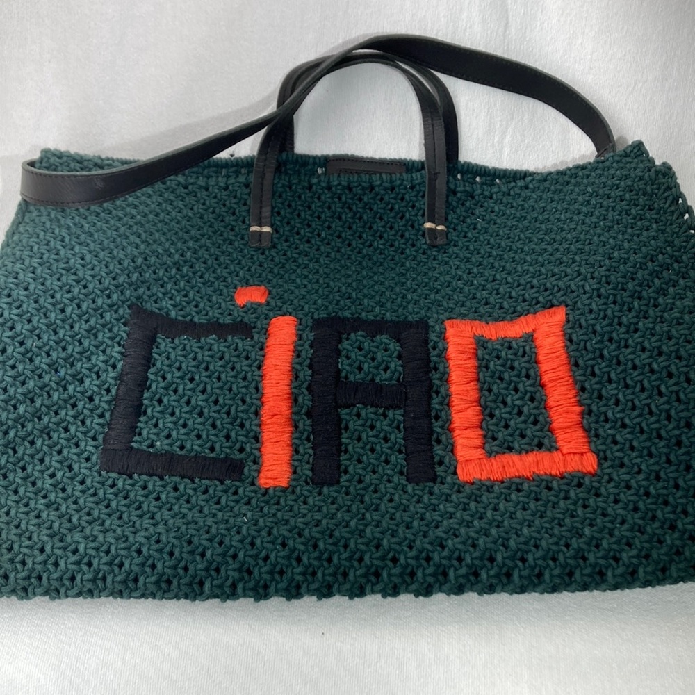 Clare V Teal Knit Tote with Black and Orange Accents
